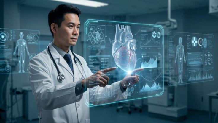 Biotechnology and AI transforming healthcare in the United States with futuristic medical technology.